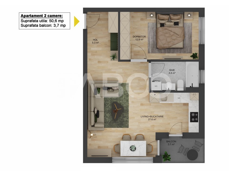 Apartament LA CHEIE cu 2 camere 51 mpu in Sibiu zona Doamna Stanca